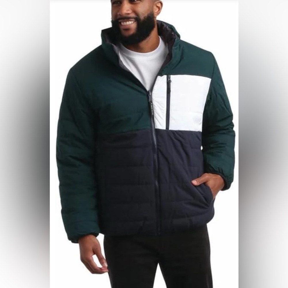 Perry Ellis Reversible Color Block 80s Style Green, Navy White Puffer Jacket/Sm